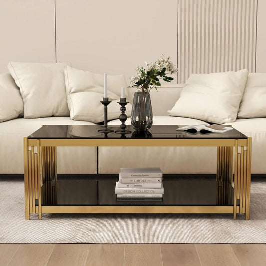 Black & Gold Tempered Glass Coffee Table – 47" Modern Oval with Wind Chime Legs & Lower Shelf