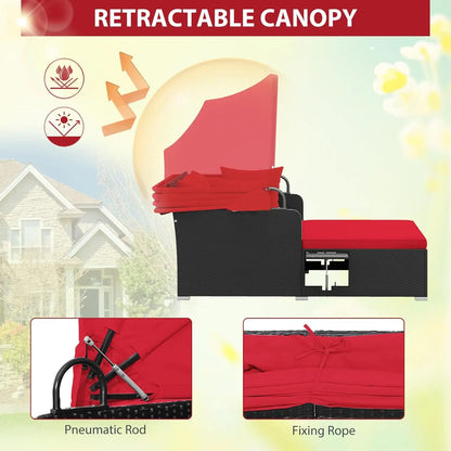 Outdoor Rattan Daybed with Retractable Canopy – 2-Person Patio Sunbed with Cushions & Pillows