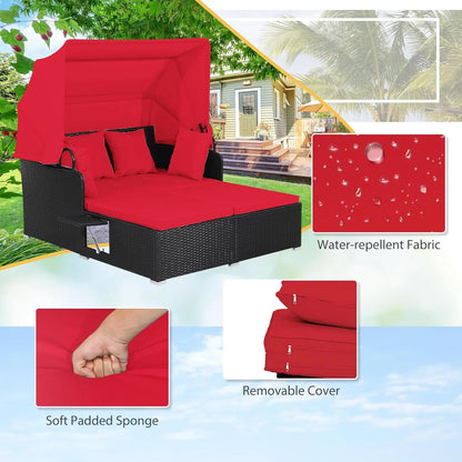 Outdoor Rattan Daybed with Retractable Canopy – 2-Person Patio Sunbed with Cushions & Pillows