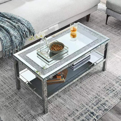 2-Tier Mirrored Silver Coffee Table | Tempered Glass Top & Lower Shelf | Modern Rectangle