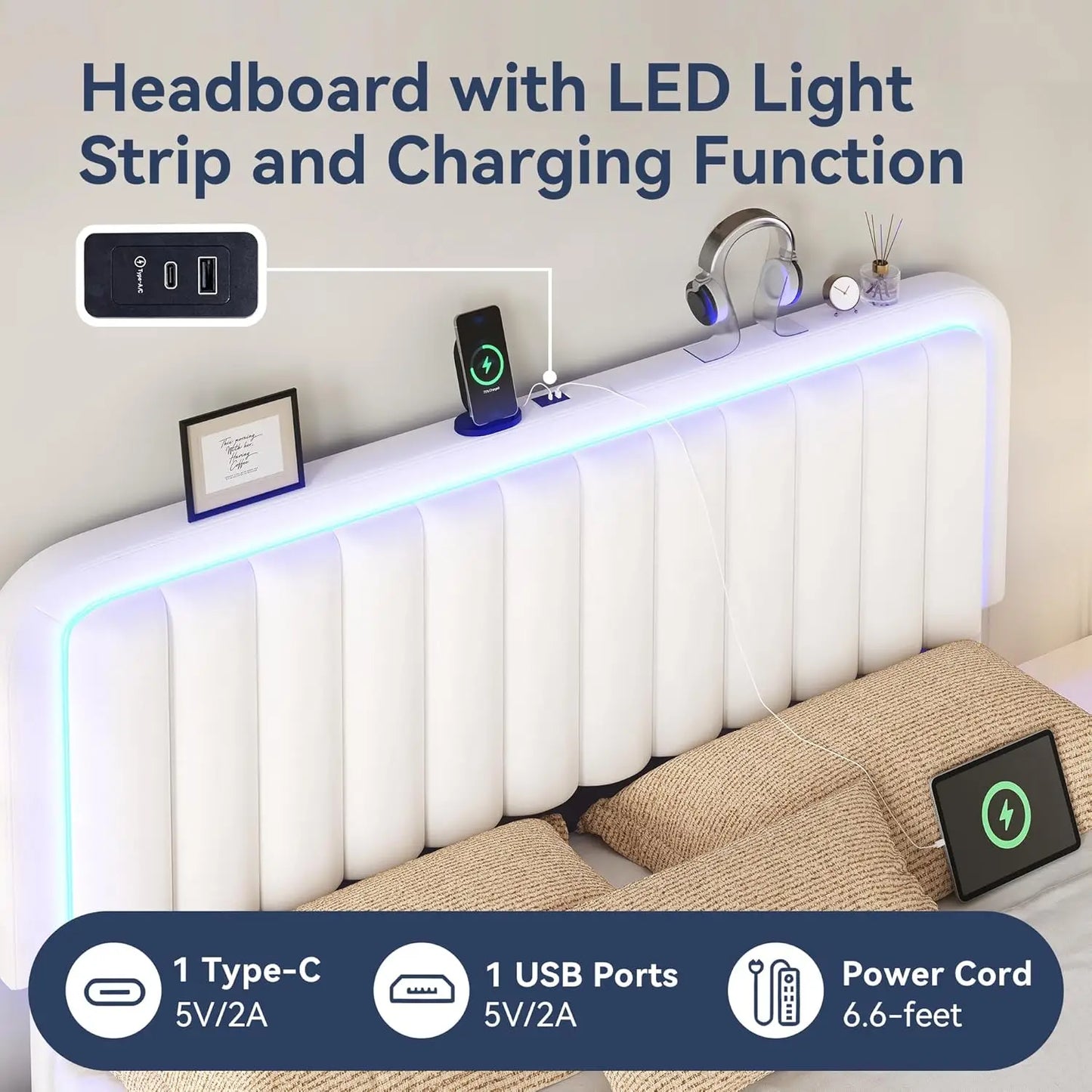 Queen Bed Frame with RGB LED Headboard & USB Charging Station – Velvet Upholstered, Adjustable, 1000 lb Capacity