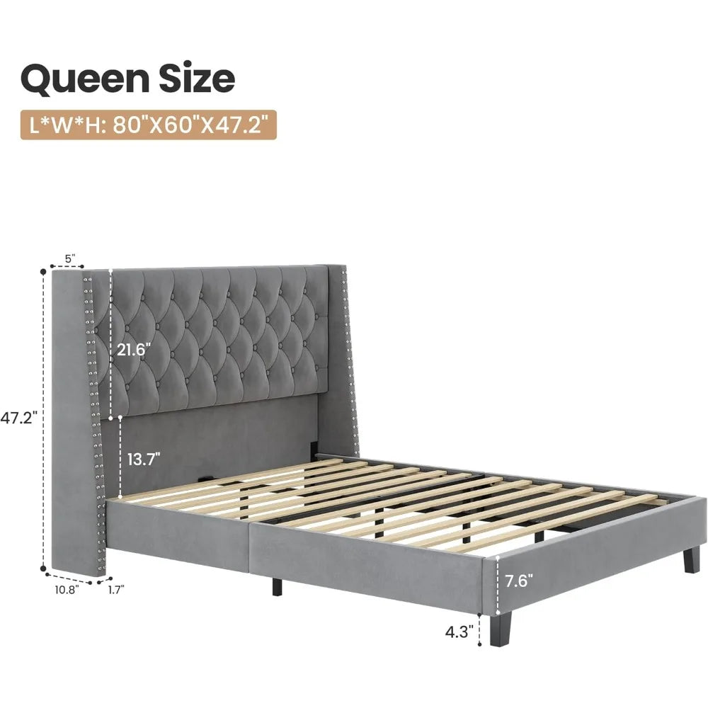 Queen Upholstered Wingback Platform Bed Frame – Tufted Velvet Headboard, Nailhead Trim, No Box Spring Needed