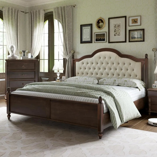 King Size Solid Wood Platform Bed Frame – 52.5" Tufted Upholstered Headboard, Rubberwood with Roman Column Detail