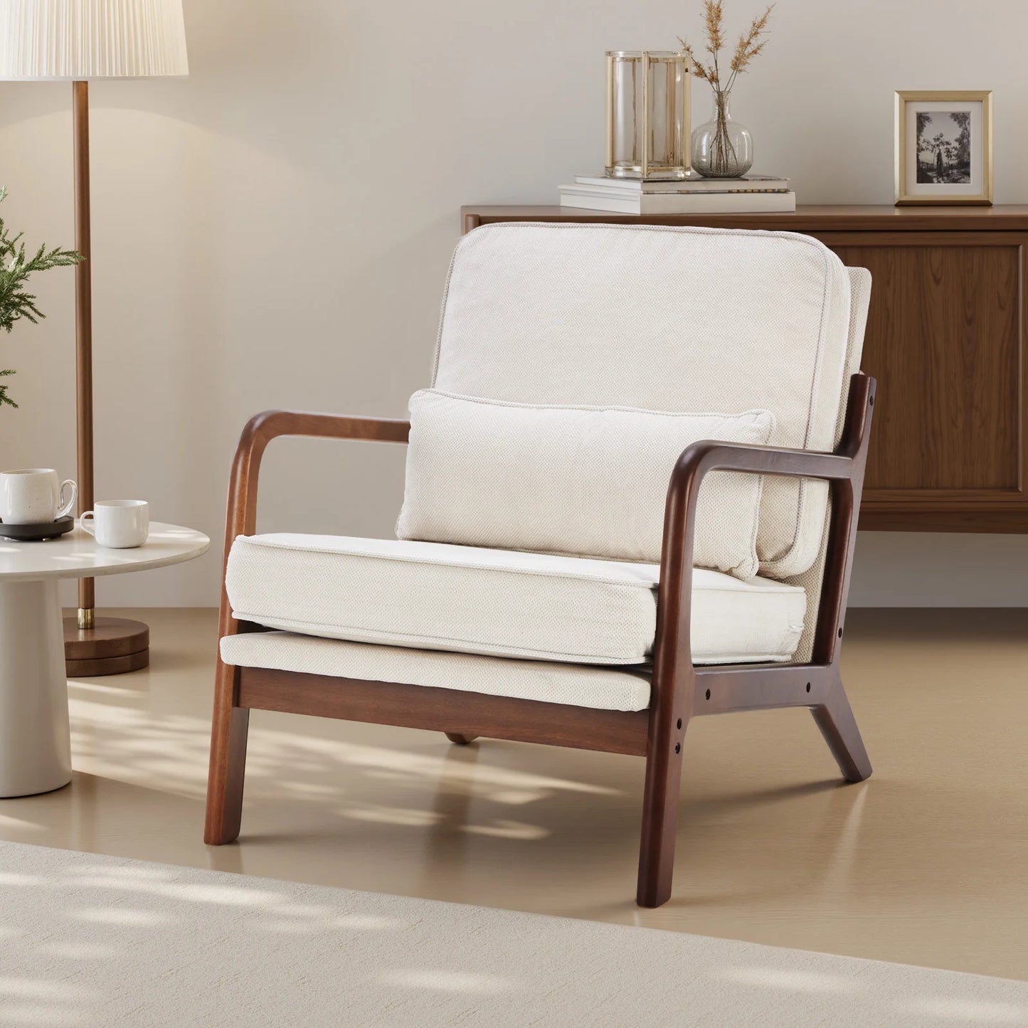 Mid-Century Modern Accent Chair | Fabric Armchair with Waist Cushion
