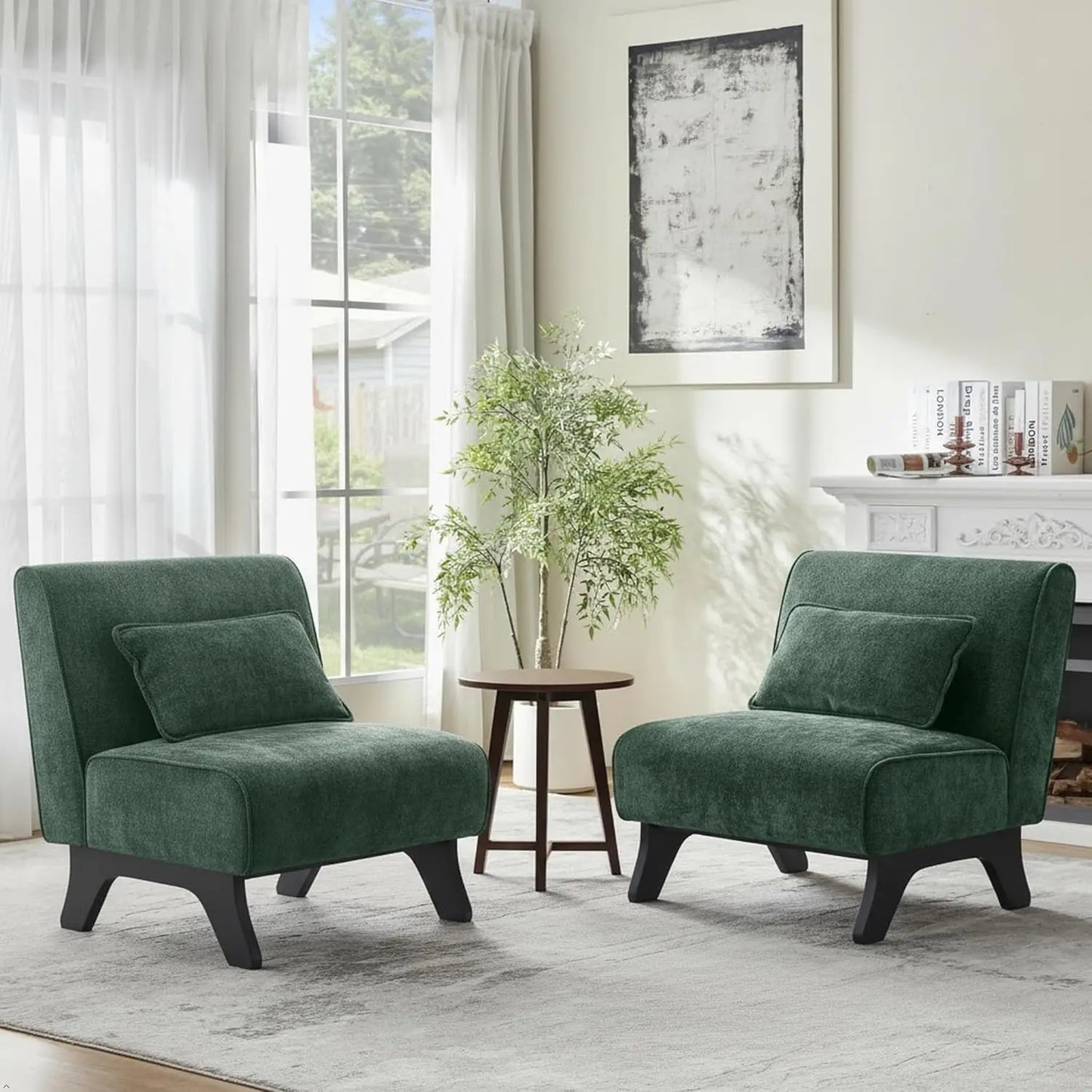 Set of 2 Upholstered Armless Accent Chairs with Wooden Legs & Pillow