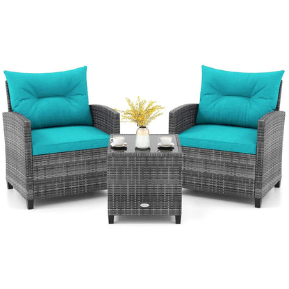 3-Piece Outdoor PE Rattan Bistro Conversation Set – 2 Wicker Chairs with Washable Cushions & Tempered Glass Coffee Table