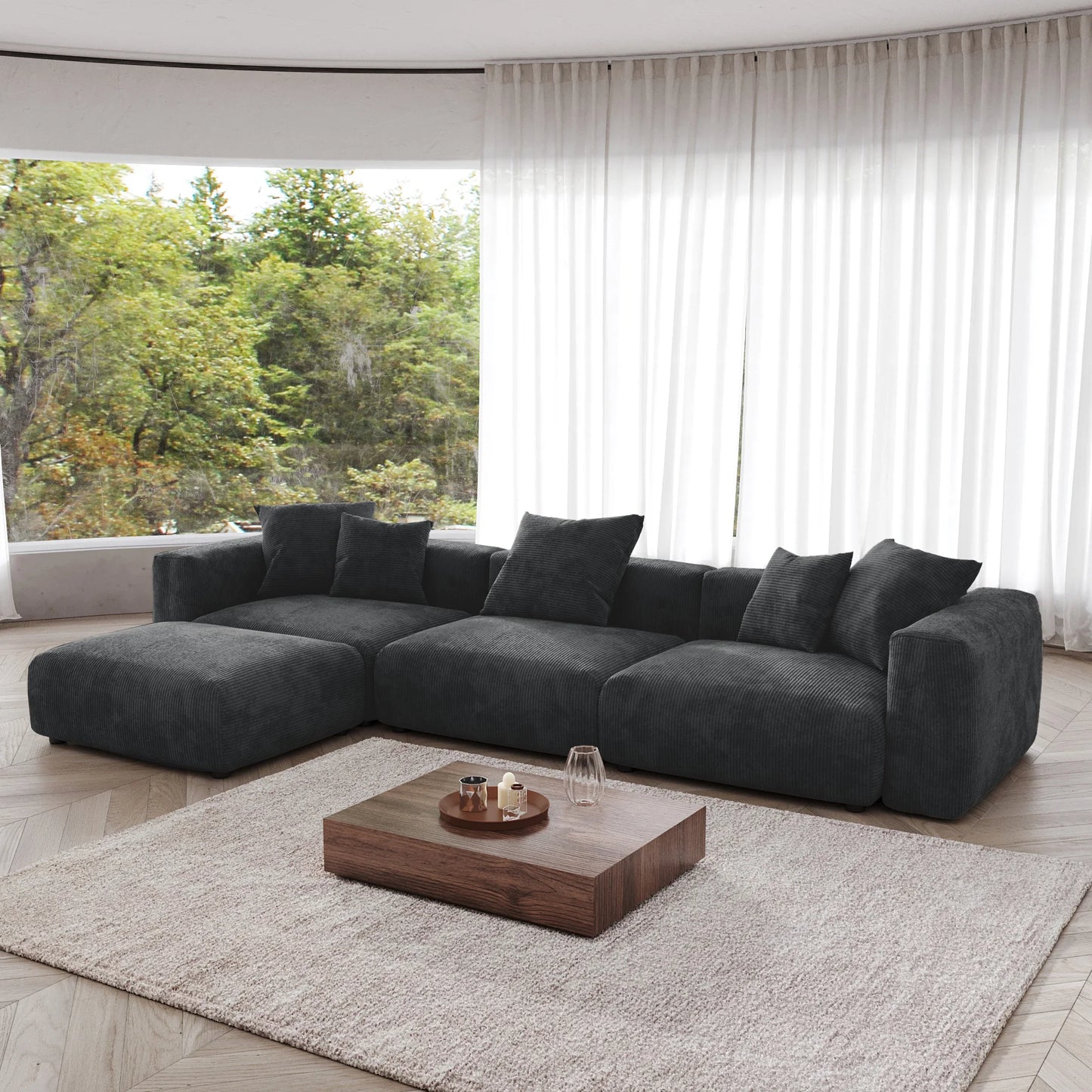141" L-Shaped Corduroy Sectional Sofa with Ottoman | Oversized 3-Seater with Removable Covers