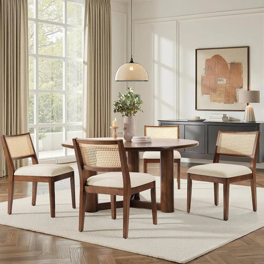 Rattan Dining Chairs Set of 4 | Coastal Woven Back, Upholstered Seat & Solid Rubberwood Frame