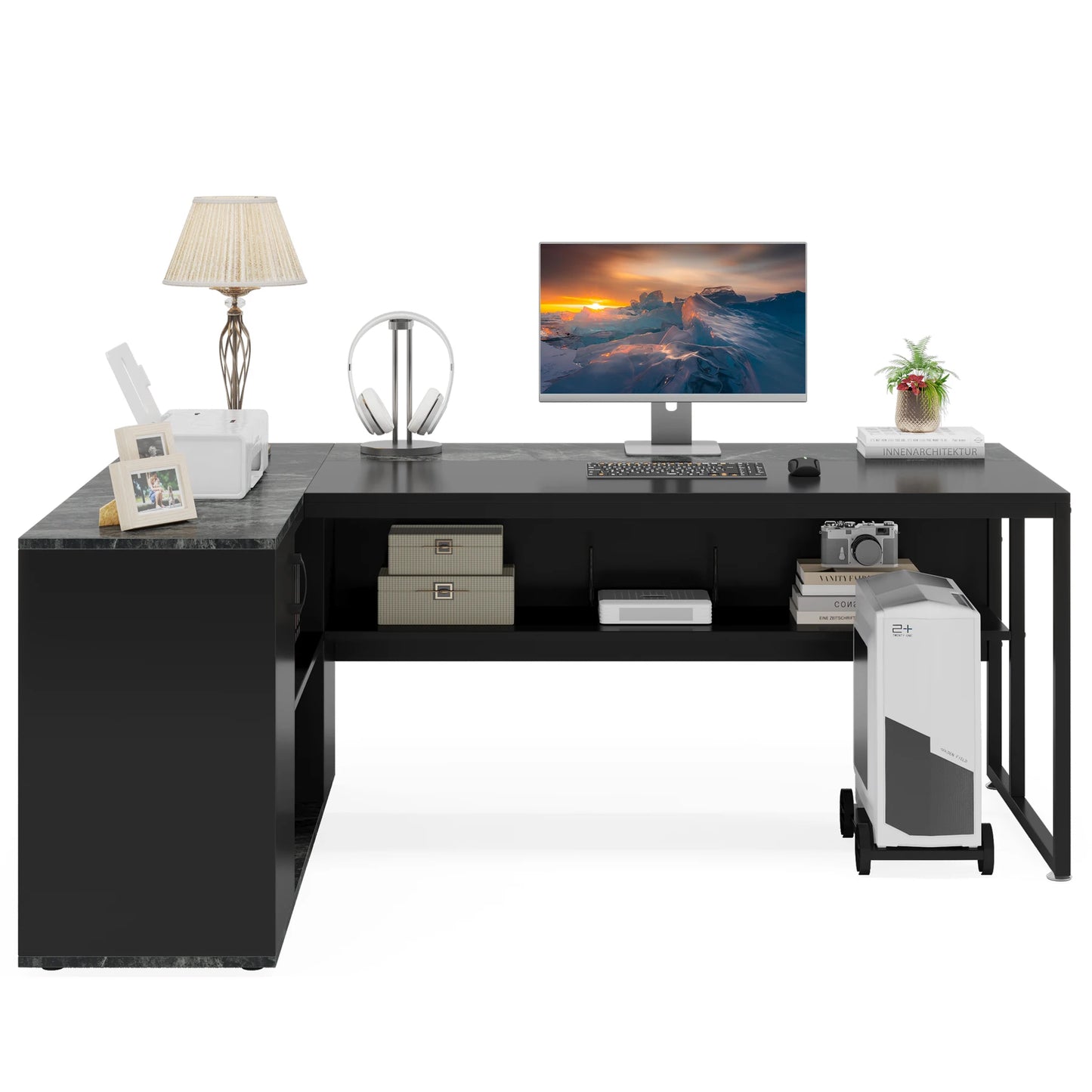 Tribesigns 71" L-Shaped Executive Desk with Storage Cabinet & Shelves