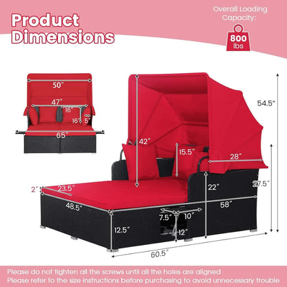 Outdoor Rattan Daybed with Retractable Canopy – 2-Person Patio Sunbed with Cushions & Pillows