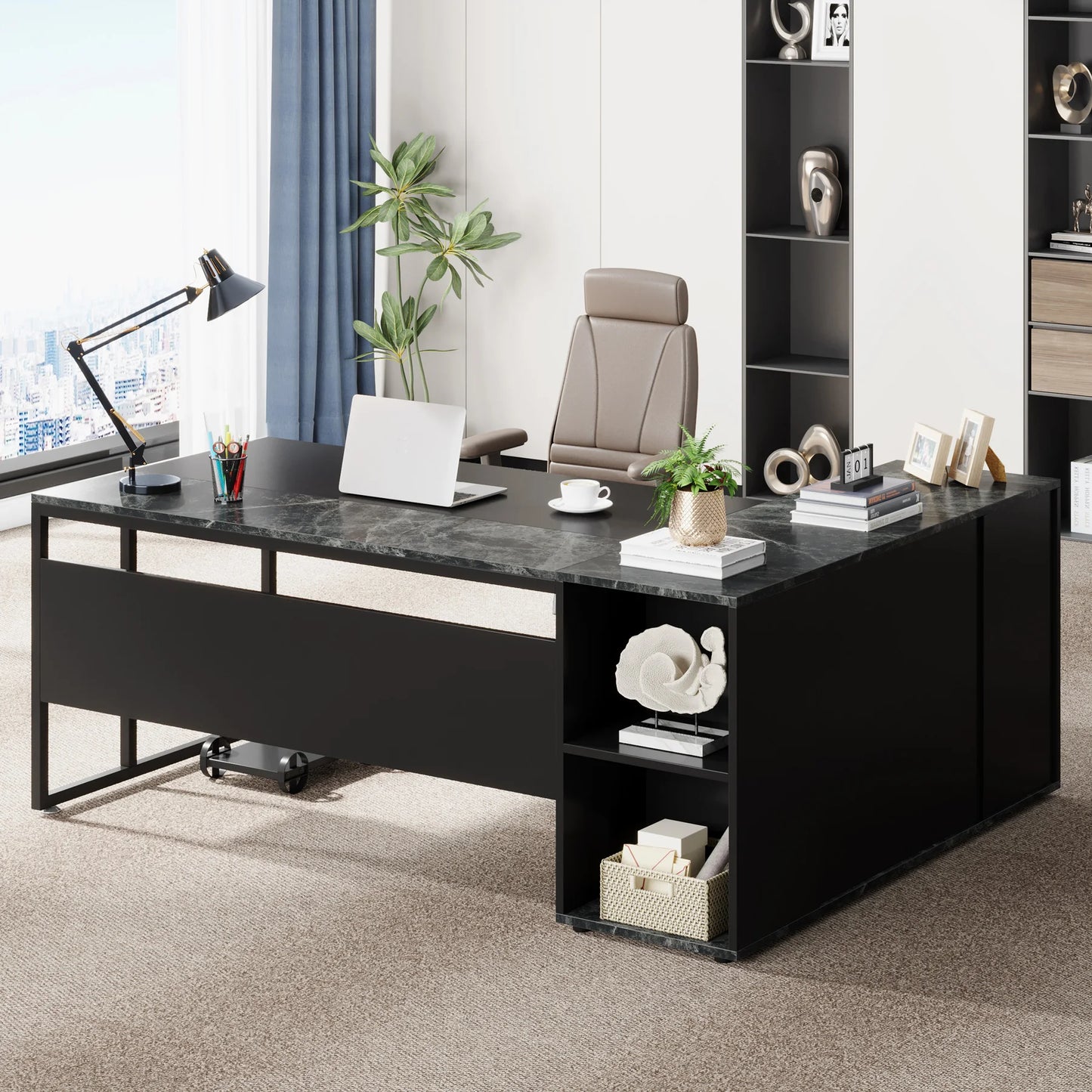 Tribesigns 71" L-Shaped Executive Desk with Storage Cabinet & Shelves