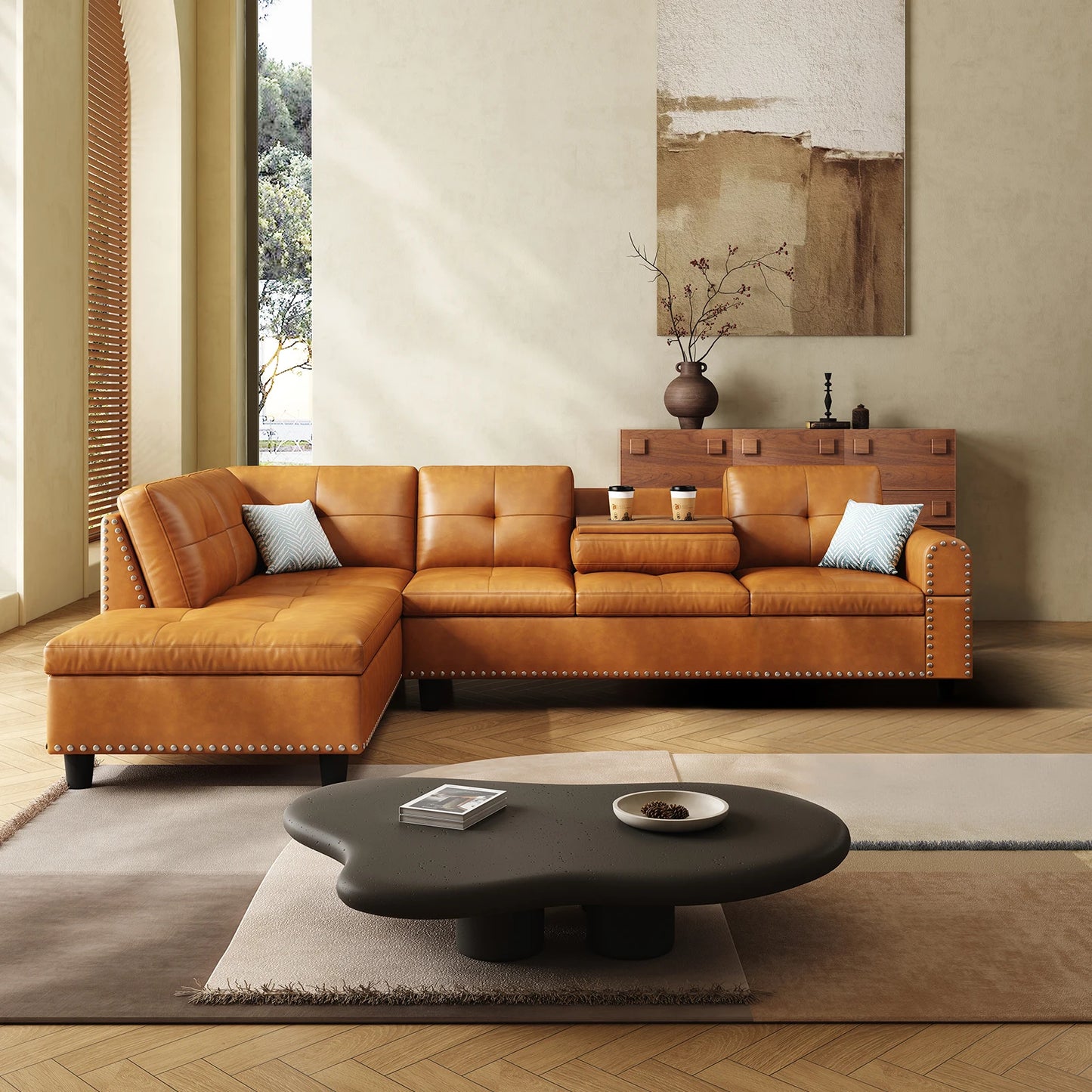 97.5" L-Shaped Sectional Sofa with Chaise – Faux Leather, 6-Seater