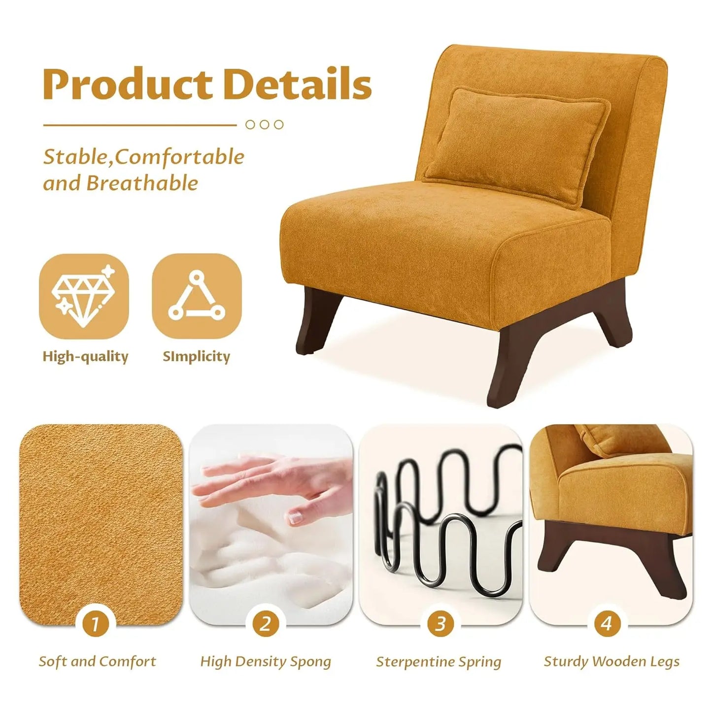 Set of 2 Upholstered Armless Accent Chairs with Wooden Legs & Pillow