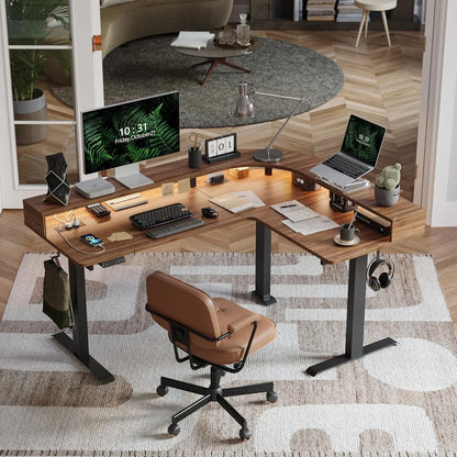 L-Shaped Electric Standing Desk 63" | LED Lighting, Power Outlet & Monitor Stand