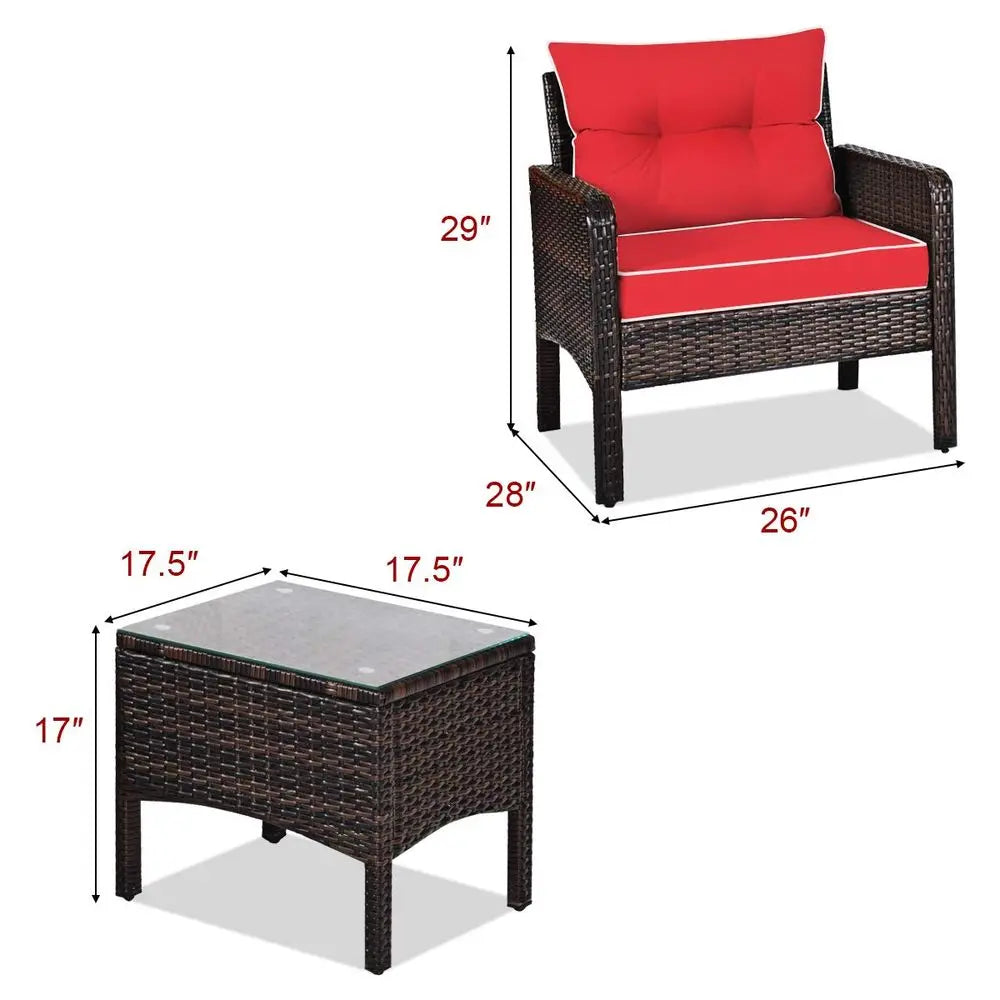 3-Piece Outdoor Wicker Patio Furniture Set – PE Rattan Chairs & Glass Top Coffee Table with Cushions