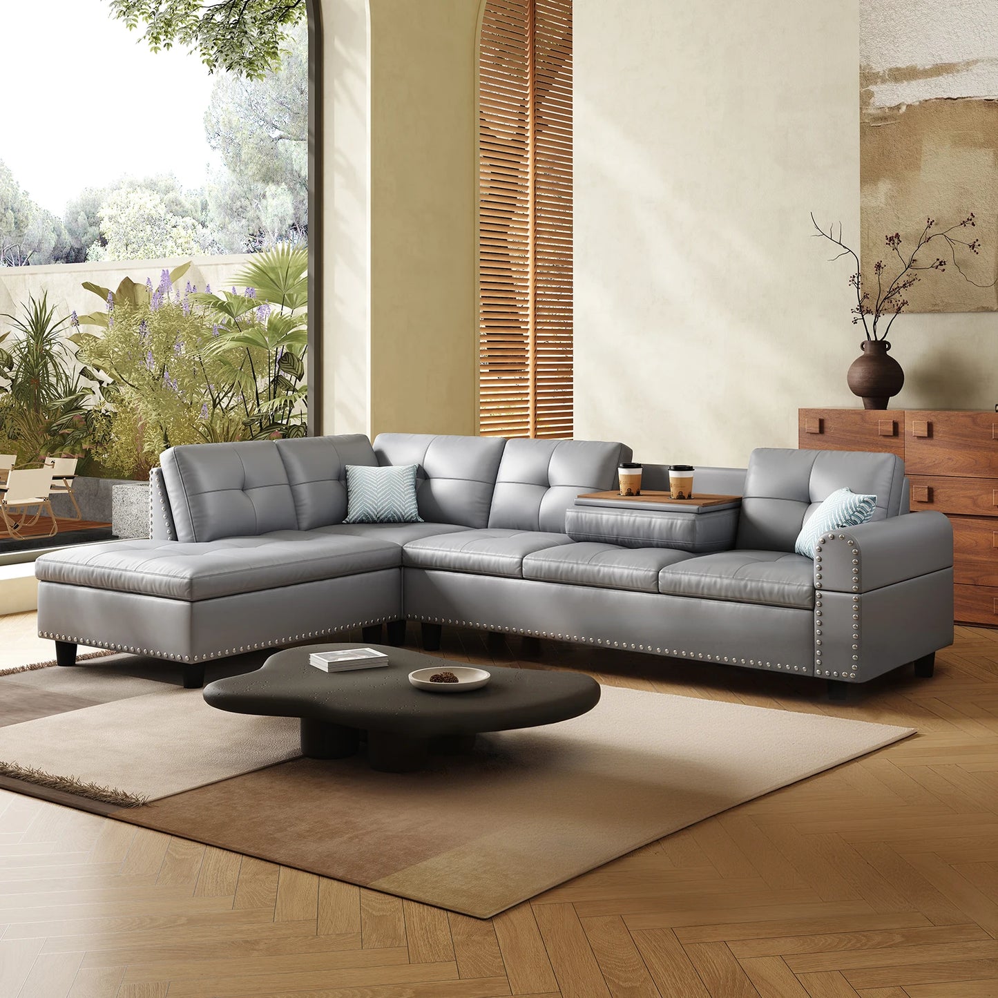 97.5" L-Shaped Sectional Sofa with Chaise – Faux Leather, 6-Seater