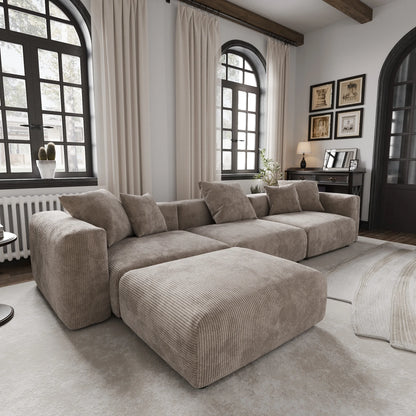 141" L-Shaped Corduroy Sectional Sofa with Ottoman | Oversized 3-Seater with Removable Covers