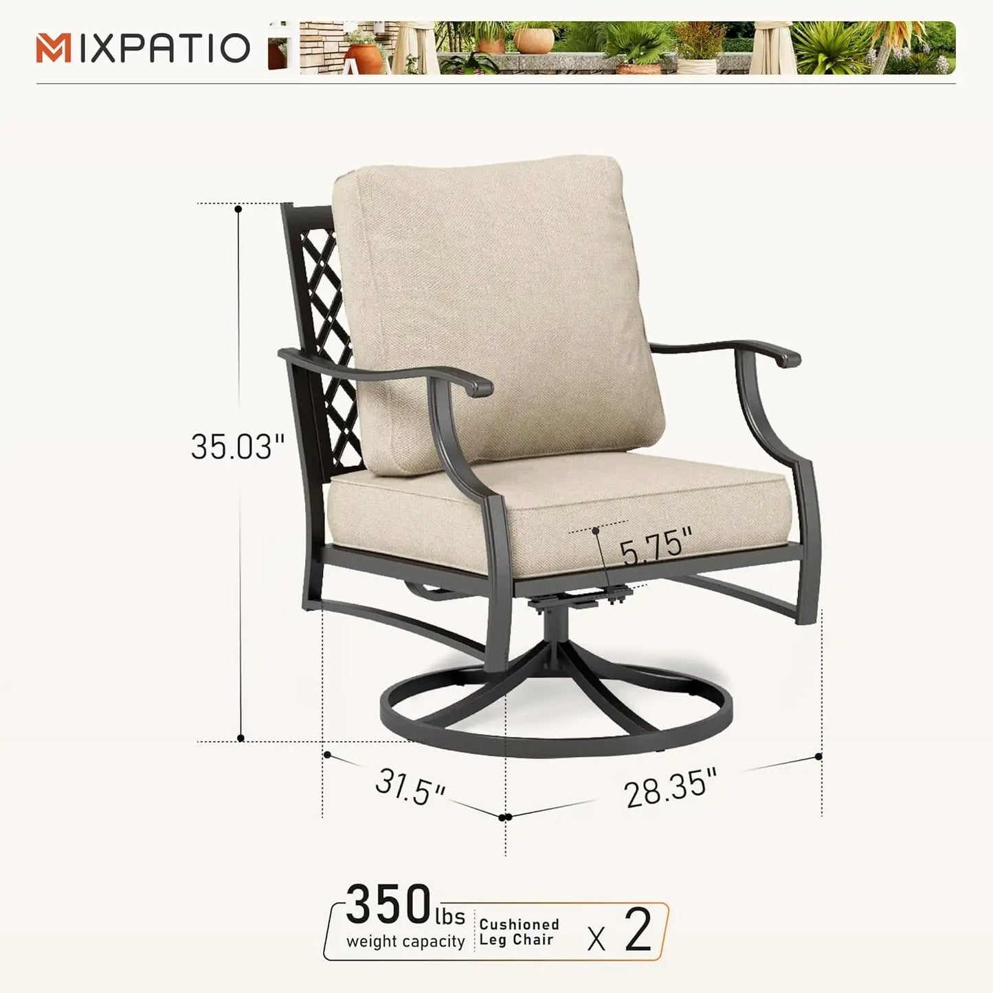 Outdoor Swivel Patio Chairs Set of 2 | High Back, Thick Cushions, Metal Frame