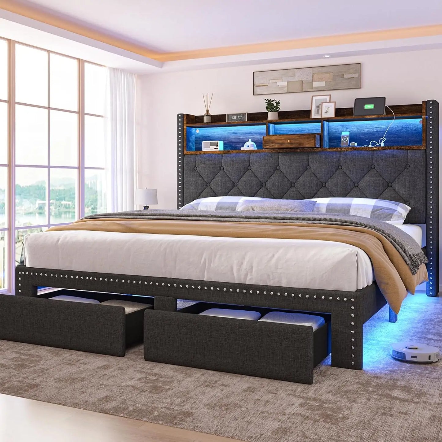 Linen Upholstered Platform Bed Frame with LED Lights, Charging Station & Storage Drawers – Full/Queen