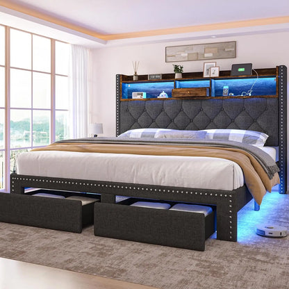 Linen Upholstered Platform Bed Frame with LED Lights, Charging Station & Storage Drawers – Full/Queen