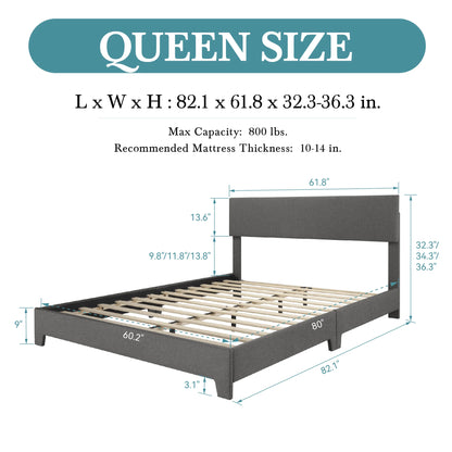 Upholstered Bed Frame with Adjustable Headboard – Soft Linen Fabric, Noise-Free, No Box Spring | Full Queen King