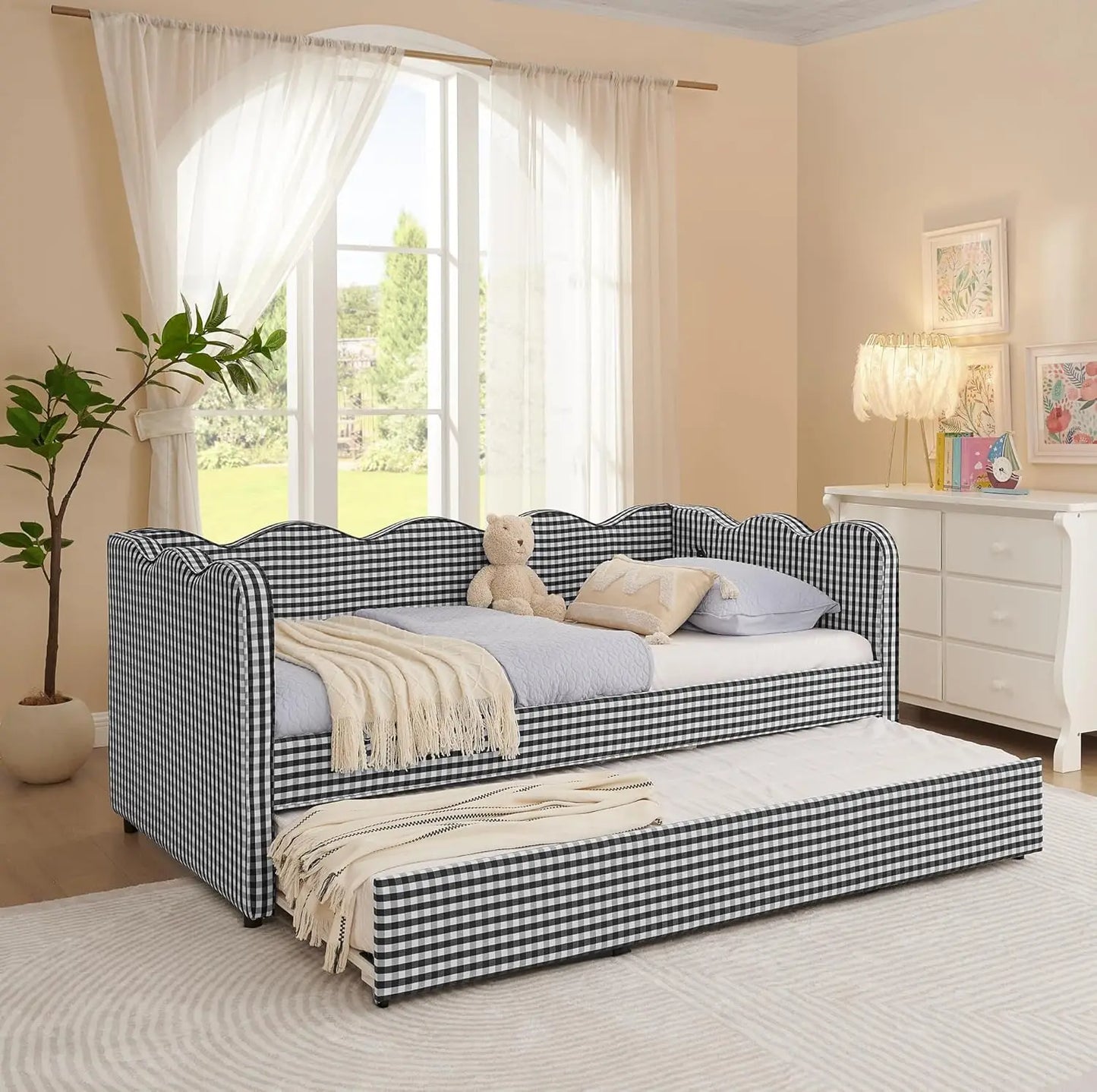 Twin Upholstered Gingham Daybed with Trundle & USB Charging – Linen, Wavy Edge, 7 Colors