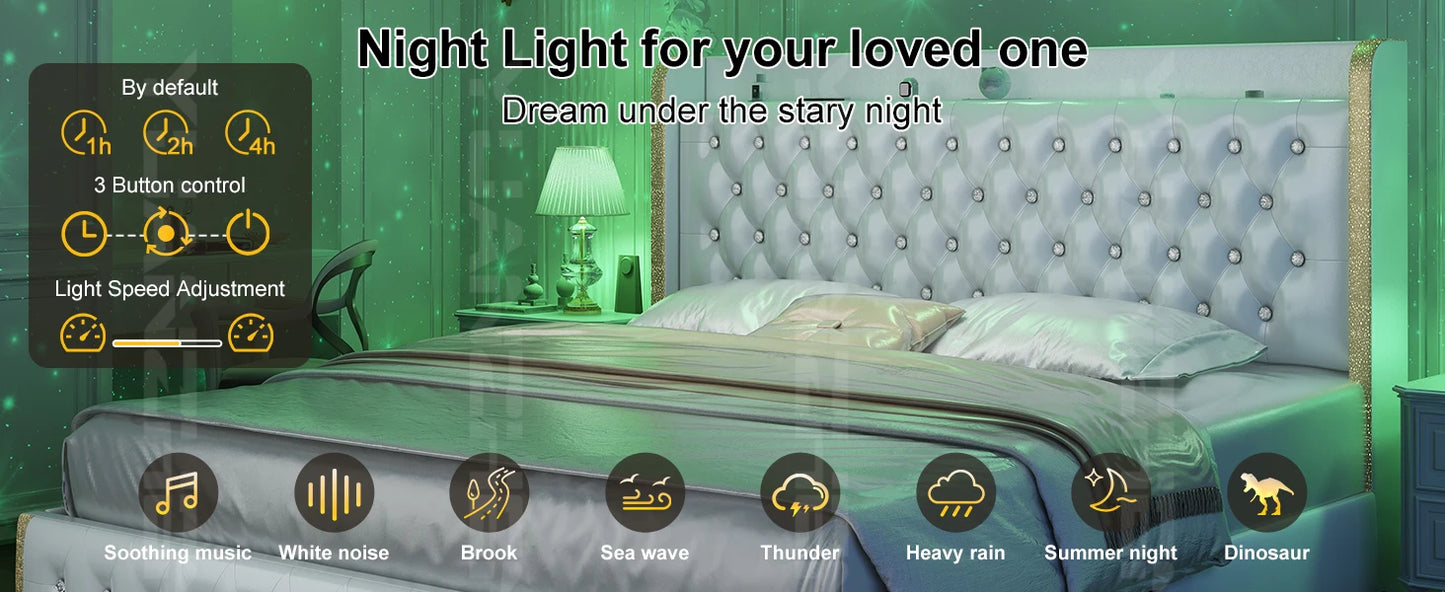 Velvet Wingback LED Bed Frame with Galaxy Projector, Bluetooth Speaker & 4 Storage Drawers – Full XL Queen King