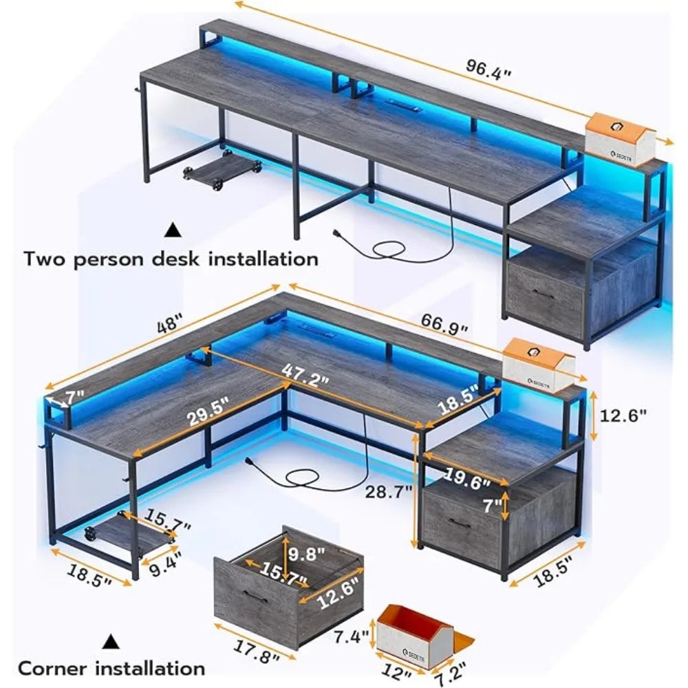 L-Shaped Gaming & Home Office Desk 66" | File Drawer, Power Outlet & RGB Lights