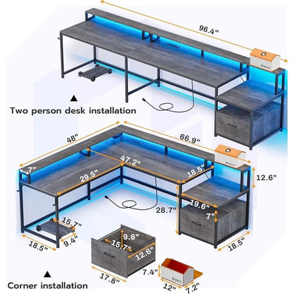 L-Shaped Gaming & Home Office Desk 66" | File Drawer, Power Outlet & RGB Lights
