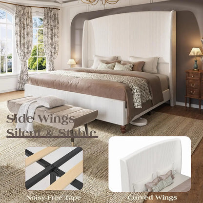 Corduroy Wingback Upholstered Bed Frame with 65.7" Tall Headboard – Washable Cover, 1,000 LB, 14" Clearance | Queen King