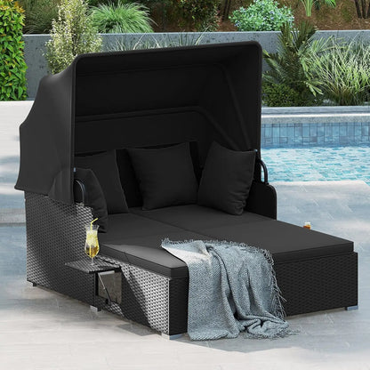 Outdoor Rattan Daybed with Retractable Canopy – 2-Person Patio Sunbed with Cushions & Pillows