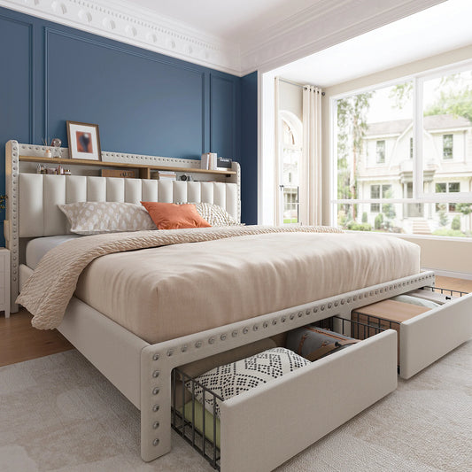 Upholstered Platform Bed Frame with 2-Tier Storage Headboard & 2 Drawers – No Box Spring Needed