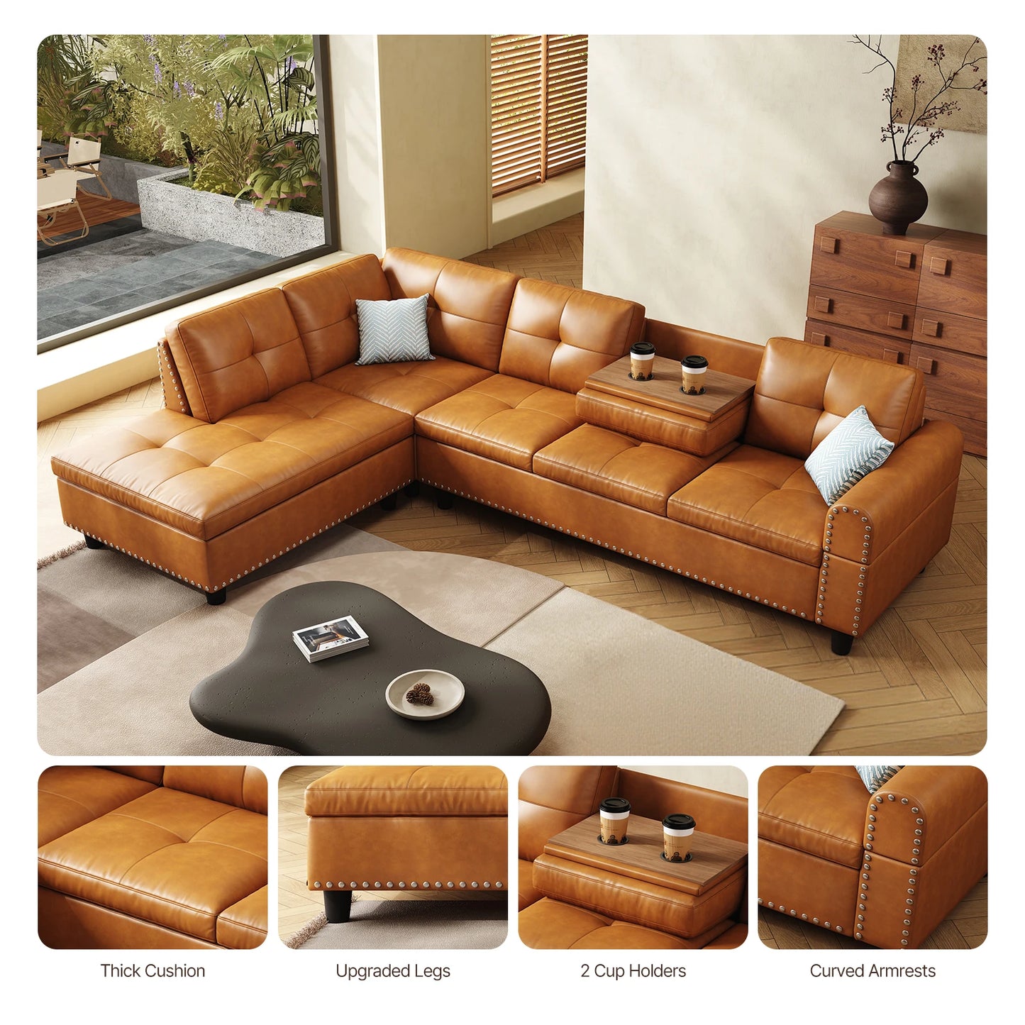 97.5" L-Shaped Sectional Sofa with Chaise – Faux Leather, 6-Seater