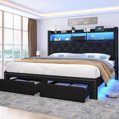 Linen Upholstered Platform Bed Frame with LED Lights, Charging Station & Storage Drawers – Full/Queen