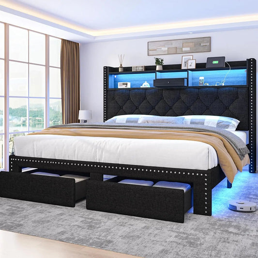 Linen Upholstered Platform Bed Frame with LED Lights, Charging Station & Storage Drawers – Full/Queen