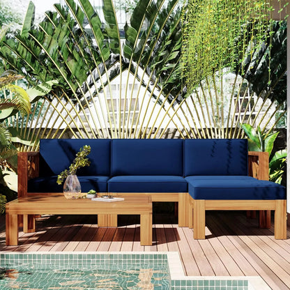 6-Piece Modern Outdoor Sectional Sofa Set with Round Nesting Coffee Tables – All-Weather Rattan & Acacia Wood