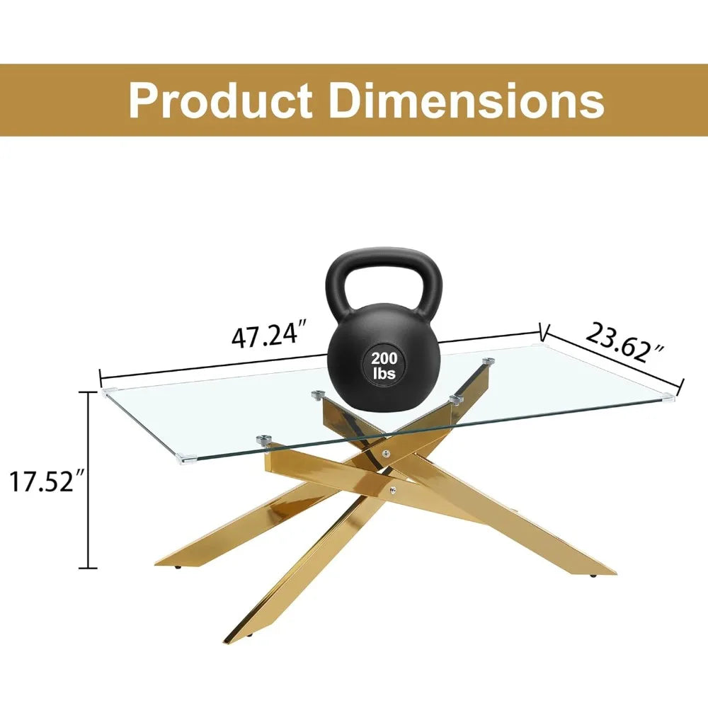 3-Piece Coffee Table Set | Tempered Glass Top & Gold Geometric Metal Legs | Modern Living Room