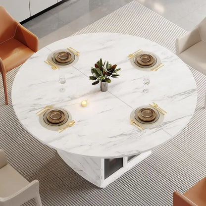 47" Round Dining Table with Storage Cabinet | Faux Marble Top, Wine Glass Racks & Mini-Fridge Space | Modern