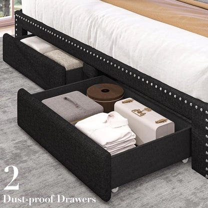 Linen Upholstered Platform Bed Frame with LED Lights, Charging Station & Storage Drawers – Full/Queen