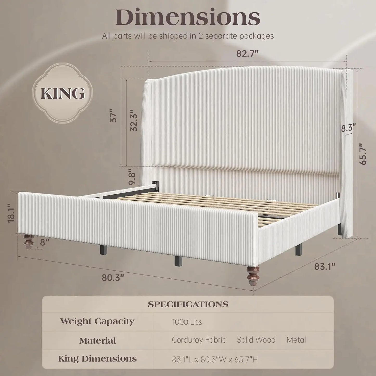 Corduroy Wingback Upholstered Bed Frame with 65.7" Tall Headboard – Washable Cover, 1,000 LB, 14" Clearance | Queen King