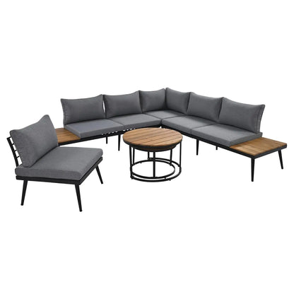 6-Piece Modern Outdoor Sectional Sofa Set with Round Nesting Coffee Tables – All-Weather Rattan & Acacia Wood