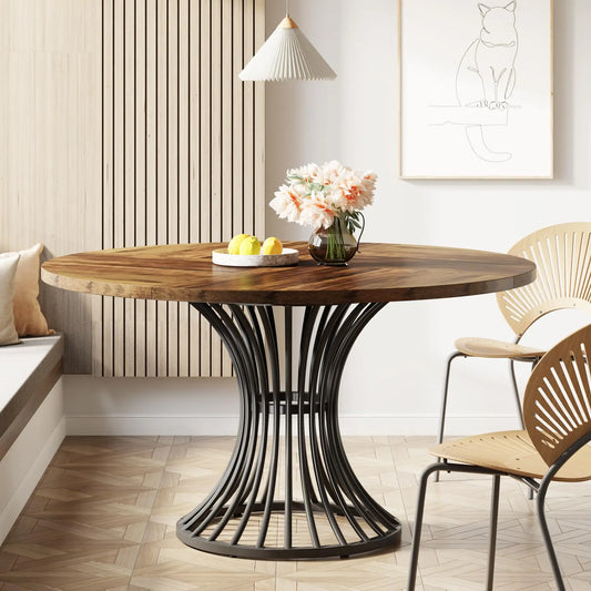 47" Round Farmhouse Dining Table for 4–6 – Hourglass Metal Base, Industrial Style | 5 Colors