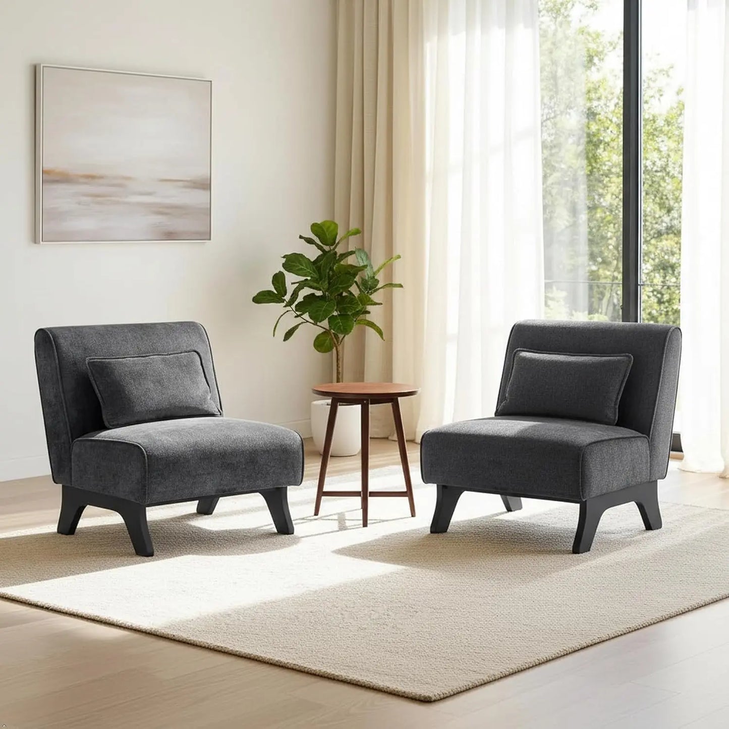 Set of 2 Upholstered Armless Accent Chairs with Wooden Legs & Pillow