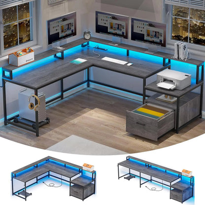 L-Shaped Gaming & Home Office Desk 66" | File Drawer, Power Outlet & RGB Lights