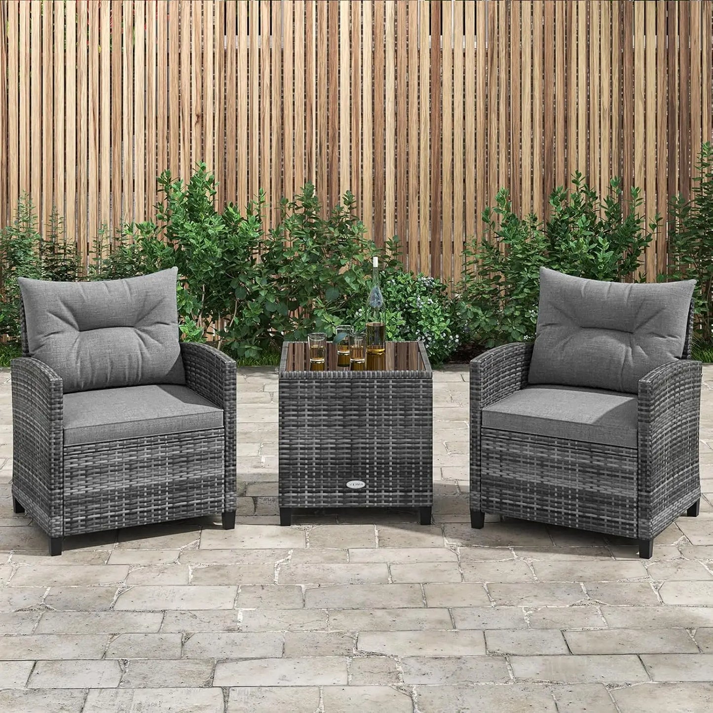 3-Piece Outdoor PE Rattan Bistro Conversation Set – 2 Wicker Chairs with Washable Cushions & Tempered Glass Coffee Table