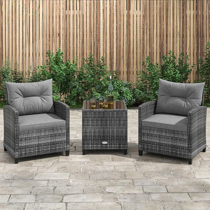 3-Piece Outdoor PE Rattan Bistro Conversation Set – 2 Wicker Chairs with Washable Cushions & Tempered Glass Coffee Table
