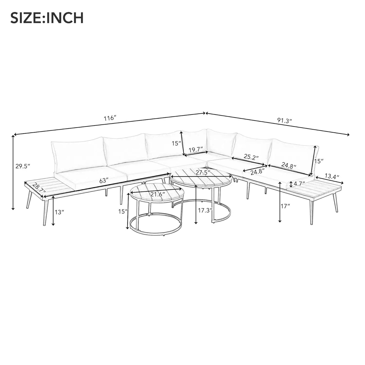 6-Piece Modern Outdoor Sectional Sofa Set with Round Nesting Coffee Tables – All-Weather Rattan & Acacia Wood