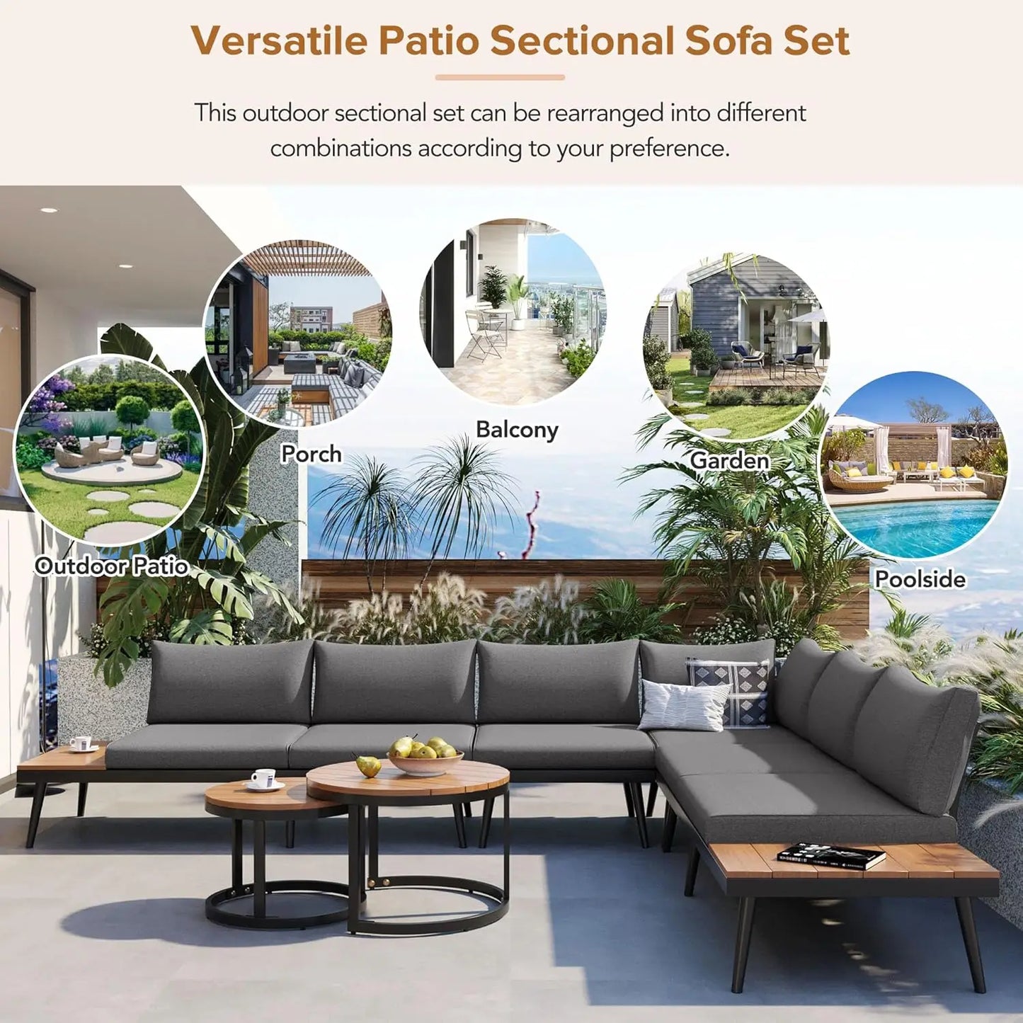6-Piece Modern Outdoor Sectional Sofa Set with Round Nesting Coffee Tables – All-Weather Rattan & Acacia Wood