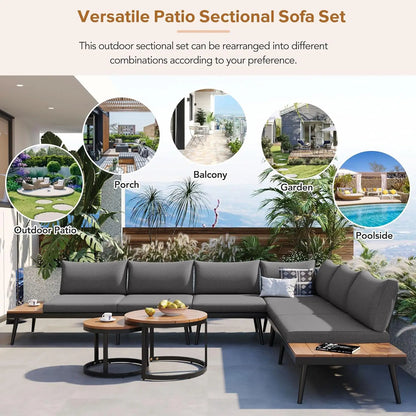 6-Piece Modern Outdoor Sectional Sofa Set with Round Nesting Coffee Tables – All-Weather Rattan & Acacia Wood