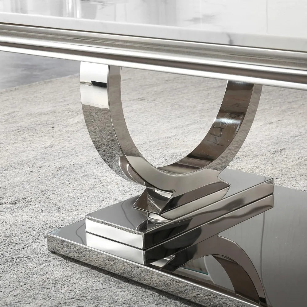 Rectangular Marble Coffee Table | U-Shape Mirrored Stainless Steel Base | Silver & White | Modern